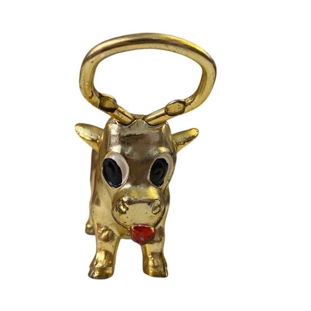 Vintage Gold Tone Cow Bull Bottle Opener tarnished gold big eyes funny nostalgic